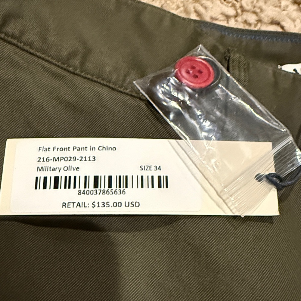 NWT Alex Mill Men's Flat Front Pant in Chino Military Olive Size 34 Waist - Picture 3 of 7